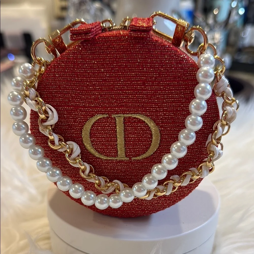 Dior Beauty Red and Gold Vanity Bag with Pearl Handle